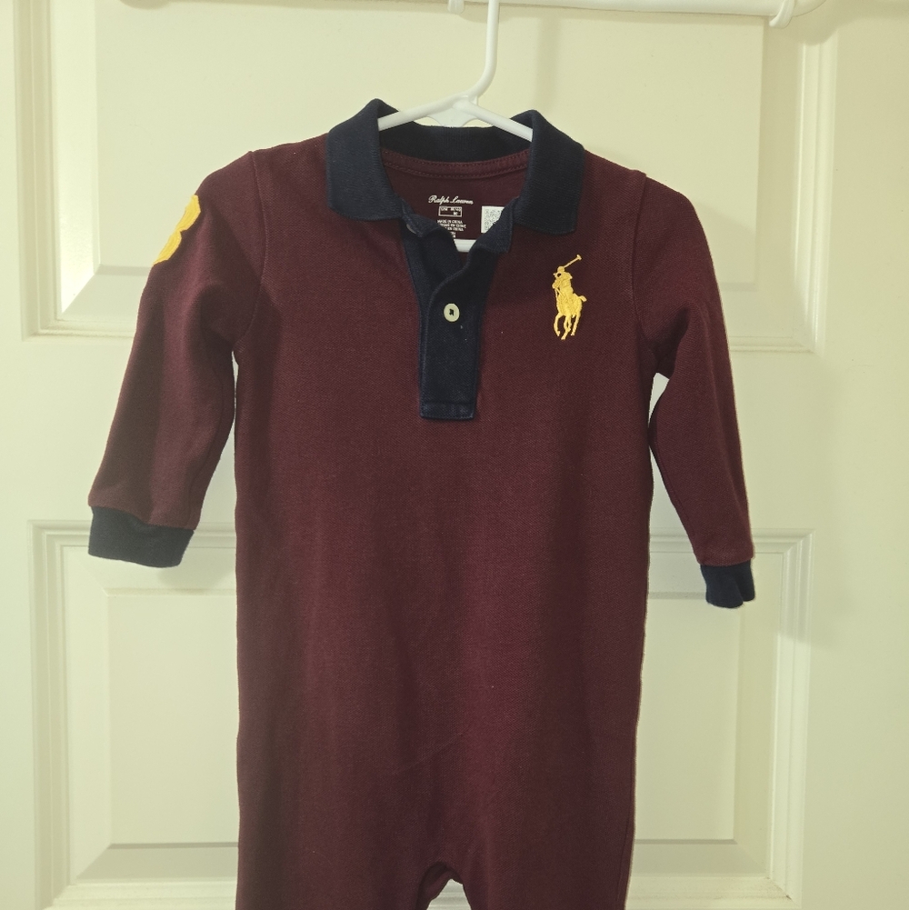 Ralph Lauren Burgundy Baby Footie with Navy Collar and Yellow Polo Emblem